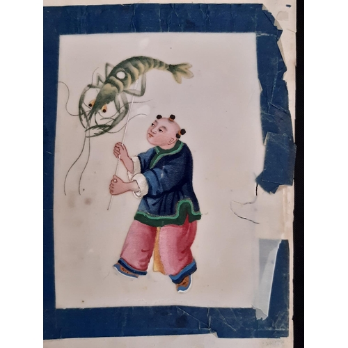 1695 - Twelve 19th century Chinese pith paintings, depicting children carrying decorative lanterns in diffe... 