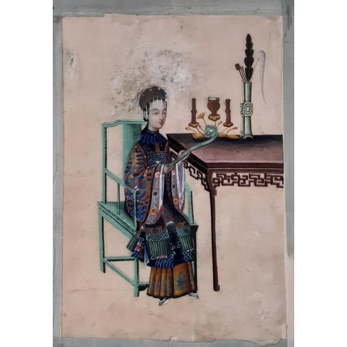 1697 - Four mid 19th century Chinese pith paintings of exotic birds and an Empress, to include: A Qing dyna... 