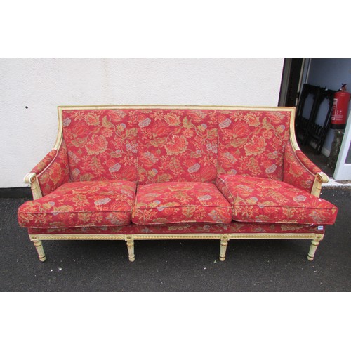 1455 - A French drawing room suite comprising a three seat sofa and four matching tub chairs, the frames wi... 