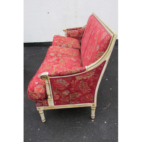 1455 - A French drawing room suite comprising a three seat sofa and four matching tub chairs, the frames wi... 