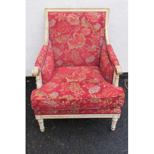 1455 - A French drawing room suite comprising a three seat sofa and four matching tub chairs, the frames wi... 