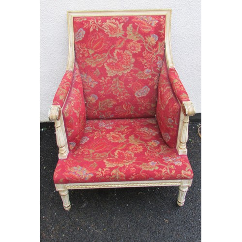 1455 - A French drawing room suite comprising a three seat sofa and four matching tub chairs, the frames wi... 