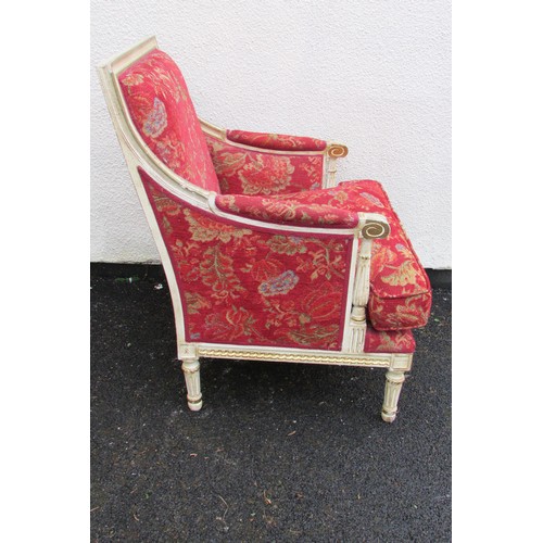 1455 - A French drawing room suite comprising a three seat sofa and four matching tub chairs, the frames wi... 