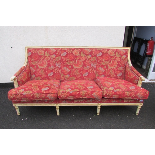 1454 - A French drawing room suite comprising a three seat sofa and four matching tub chairs, the frames wi... 