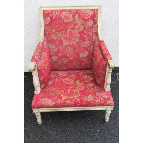 1454 - A French drawing room suite comprising a three seat sofa and four matching tub chairs, the frames wi... 