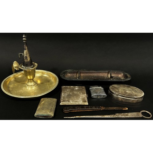 128 - Silver and silver plate including a silver letter opener, an oval silver box, a silver cigarette cas... 