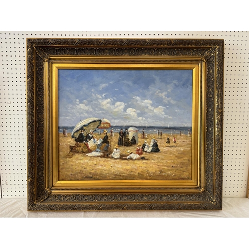 1716 - An Impressionist Style Victorian Beach Scene, signed indistinctly lower right, oil on canvas, 51 x 6... 