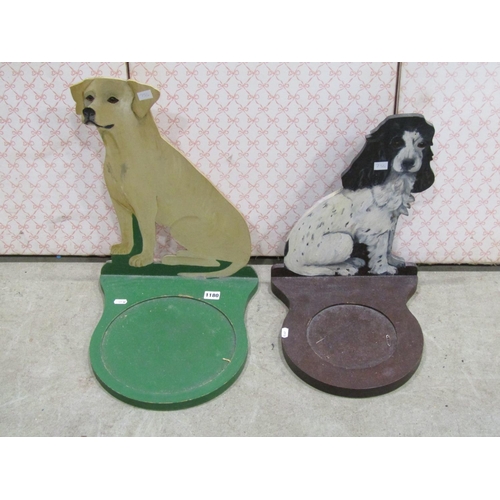 1180 - Two painted dummy boards depicting a Labrador and a Spaniel, each shaped to fit a dog bowl