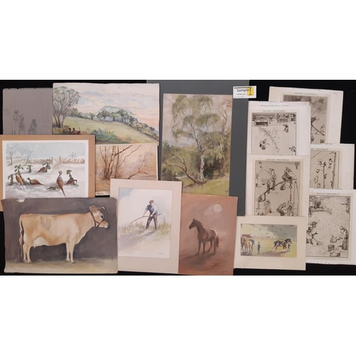 1730 - A collection of 20th century watercolours, prints and greetings cards, to include: N. F. Dawe - Wood... 