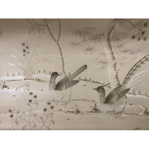 1674 - A large Chinese silk embroidery scroll depicting birds perched on the branches of a pomegranate tree... 