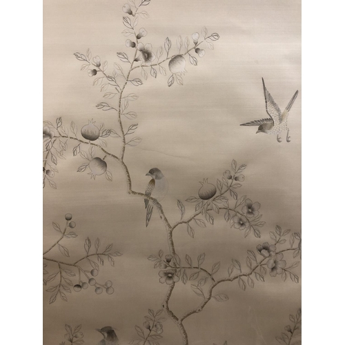 1674 - A large Chinese silk embroidery scroll depicting birds perched on the branches of a pomegranate tree... 