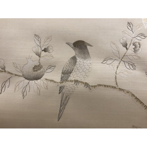 1674 - A large Chinese silk embroidery scroll depicting birds perched on the branches of a pomegranate tree... 