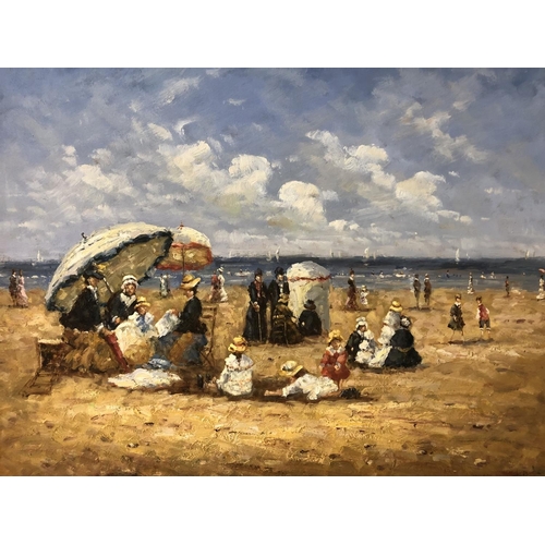 1716 - An Impressionist Style Victorian Beach Scene, signed indistinctly lower right, oil on canvas, 51 x 6... 