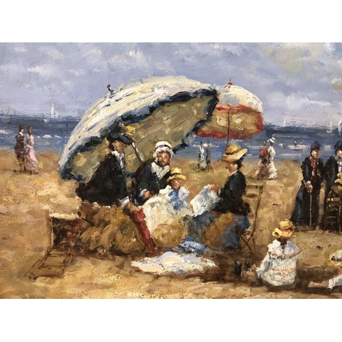 1716 - An Impressionist Style Victorian Beach Scene, signed indistinctly lower right, oil on canvas, 51 x 6... 