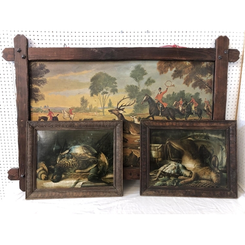 1717 - Three 19th/20th century framed prints, to include: A deer hunting scene in tramp art frame, printed ... 