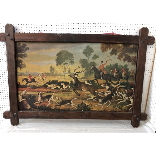 1717 - Three 19th/20th century framed prints, to include: A deer hunting scene in tramp art frame, printed ... 