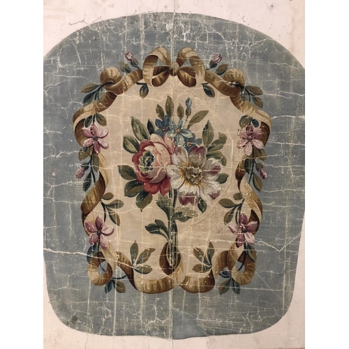 1718 - A French Aubusson painted panel, with a central floral spray and ribboned floral border, gouache on ... 