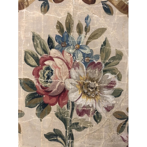 1718 - A French Aubusson painted panel, with a central floral spray and ribboned floral border, gouache on ... 