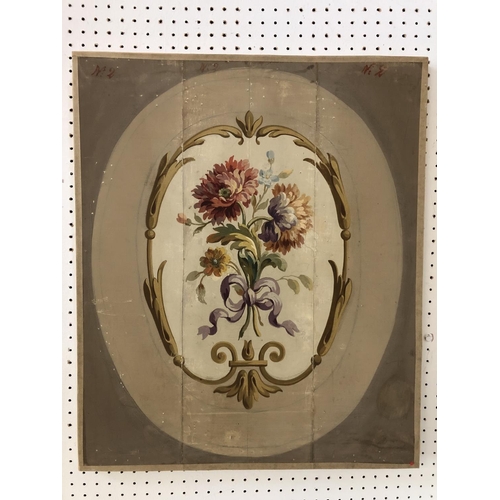 1719 - A French Aubusson painted panel, with a central floral spray and scrolling oval border, gouache on t... 