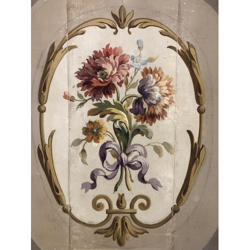 1719 - A French Aubusson painted panel, with a central floral spray and scrolling oval border, gouache on t... 