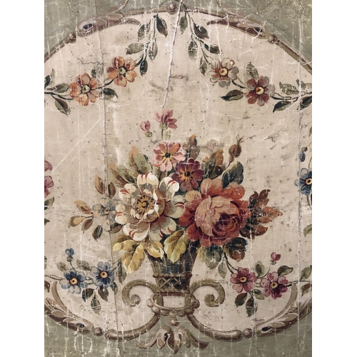 1721 - A French Aubusson painted panel, with a central basket of flowers and scrolling floral border, gouac... 