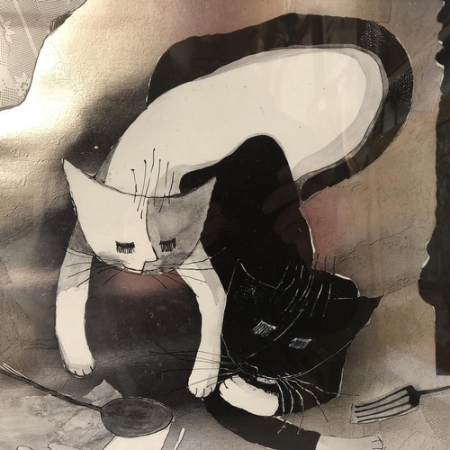 1728 - After Rosina Wachtmeister - 'Cat Artist', silver foil print, 59 x 42 cm, glazed