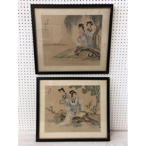 Two vintage watercolour paintings on silk, possibly Japanese in the Chinese style, depicting two beauties within serene gardens, both bearing calligraphic inscriptions and red seal marks top left, approx. 31 x 36.5 cm each, with silk mounting, glazed and framed (2)