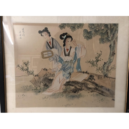 1738 - Two vintage watercolour paintings on silk, possibly Japanese in the Chinese style, depicting two bea... 