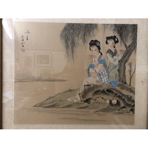 1738 - Two vintage watercolour paintings on silk, possibly Japanese in the Chinese style, depicting two bea... 