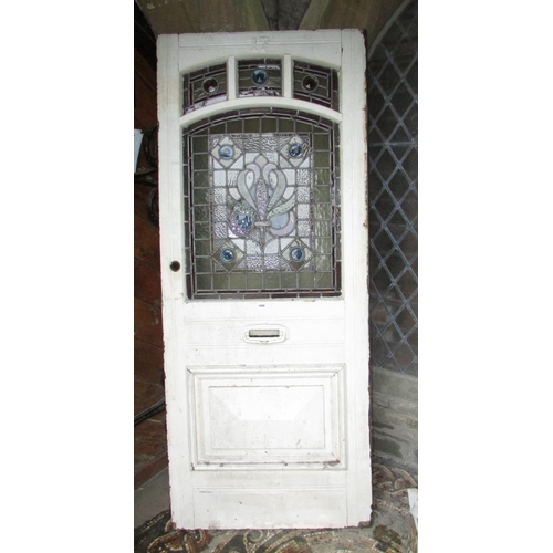 1000 - An early Edwardian pine framed front door with original leaded light art nouveau style panel and add... 