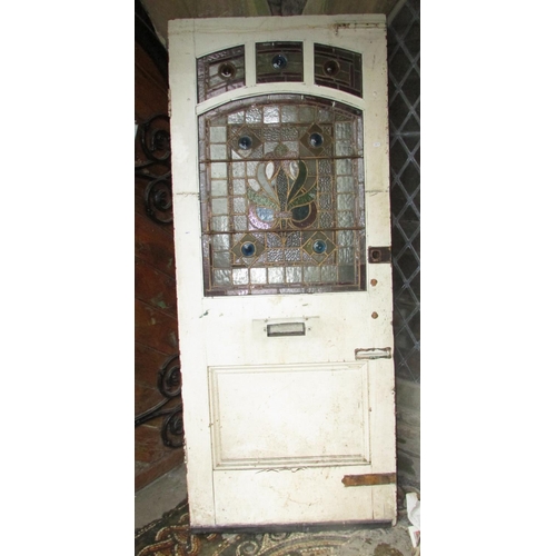 1000 - An early Edwardian pine framed front door with original leaded light art nouveau style panel and add... 
