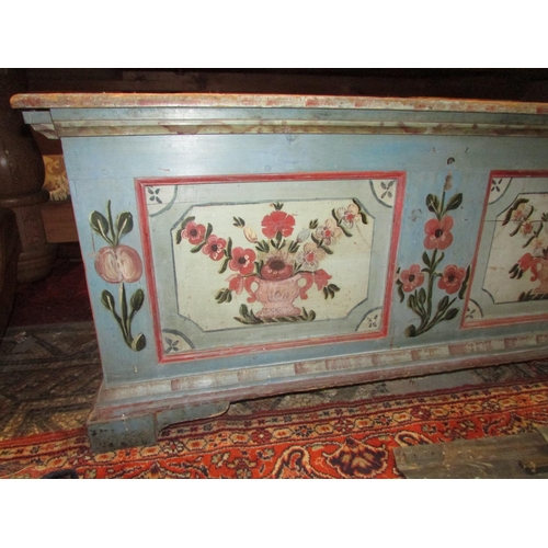 1278 - A continental painted pine marriage chest with original detail, 135cm wide