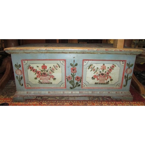 1278 - A continental painted pine marriage chest with original detail, 135cm wide