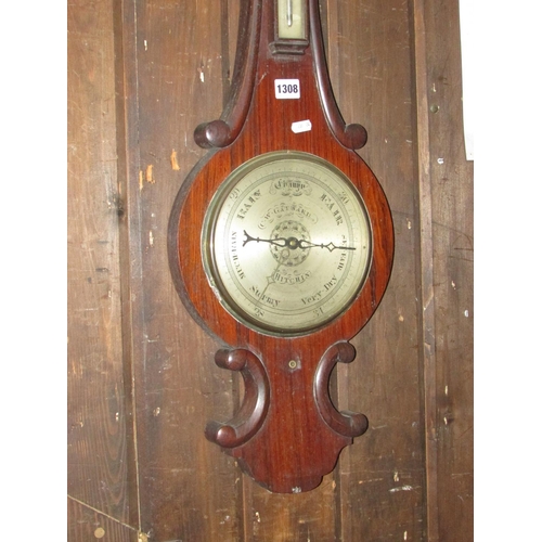 1308 - A 19th century rosewood wheel barometer, C. W. Gatwood of Hitchen