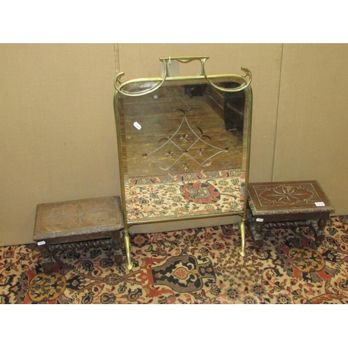 1337 - A near pair of small Victorian footstools in oak, 30cm long x 19cm high, together with a brass and g... 