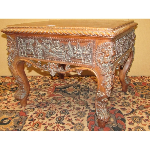 1343 - A 19th century Anglo Indian carved hardwood stool frame, with detailed repetitive character and foli... 