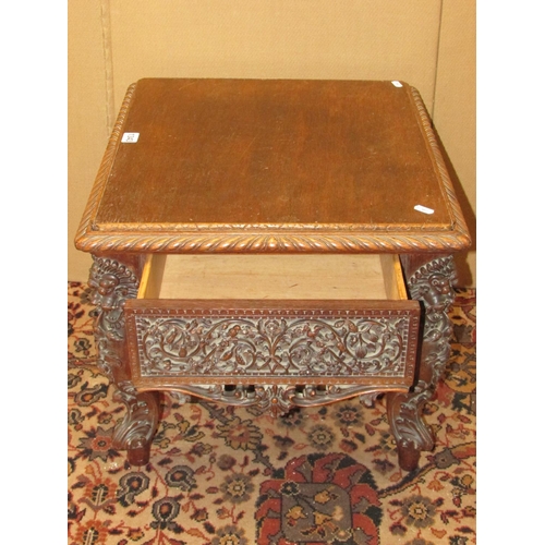 1343 - A 19th century Anglo Indian carved hardwood stool frame, with detailed repetitive character and foli... 