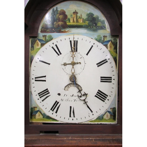 1313 - A Regency mahogany longcase clock, the hood with swan neck pediment, with broken arch painted dial a... 