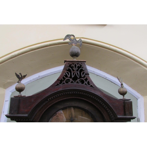 1317 - A Georgian mahogany longcase clock the pagoda hood with column supports, pierced fret and eagle fini... 