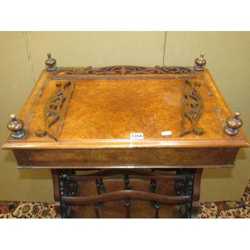 1358 - A Victorian walnut and figured walnut Canterbury watnot, raised on carved and pierced supports, inco... 