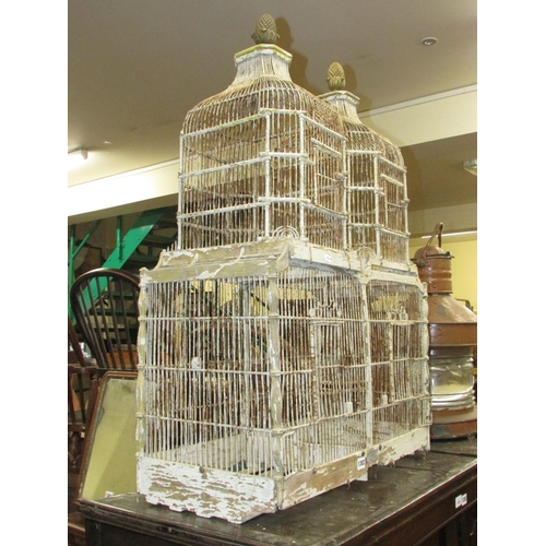 1382 - A 19th century timber and wire work twin domed bird cage with original painted finish by A. Nivet, w... 