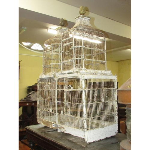 1382 - A 19th century timber and wire work twin domed bird cage with original painted finish by A. Nivet, w... 