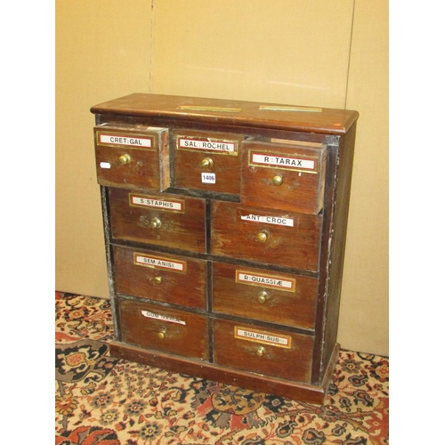 1406 - A small apothecary cabinet of nine drawers, 58cm wide x 68cm high x 21cm deep