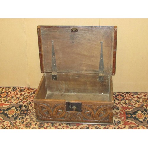 1411 - An 18th century oak bible box with carved front frieze, steel lock plate and hasp, 57cm wide