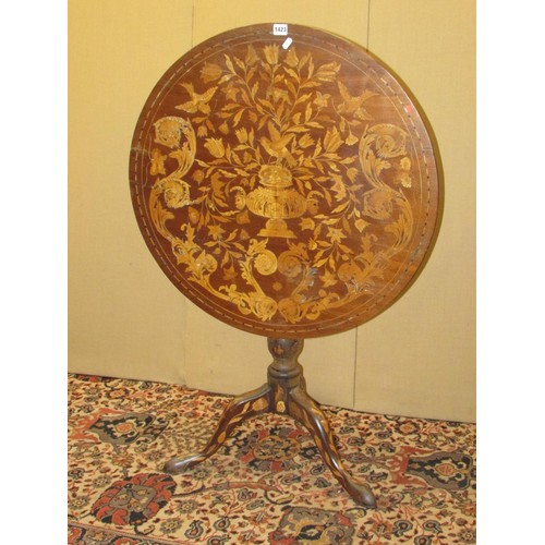 1423 - A 19th century Dutch floral marquetry snap top table with bird, foliage and other detail, 75cm top r... 