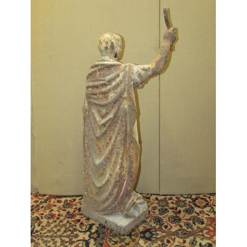 1432 - An antique cast iron figure of a Roman character one foot upon a dove with traces of painted finish,... 