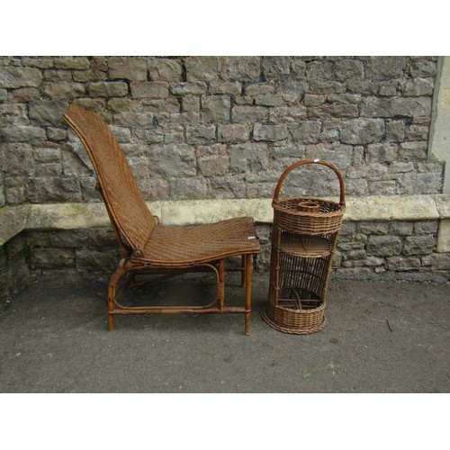 1254 - An Edwardian wicker conservatory chair with adjustable frame together with a wicker picnic stand