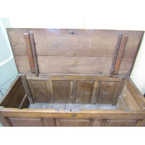 1357 - A Georgian oak mule chest with loose lid over a panelled frame and two long drawers, 86cm high, 137 ... 