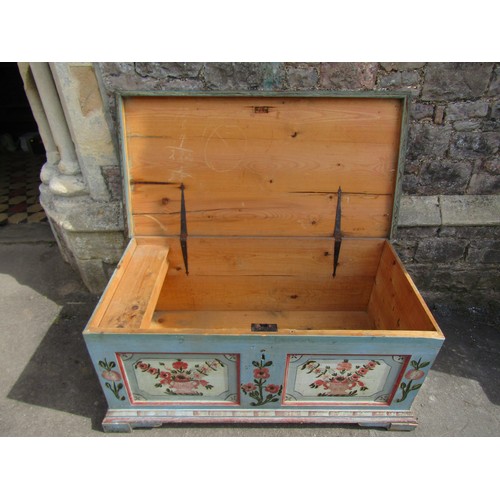 1278 - A continental painted pine marriage chest with original detail, 135cm wide