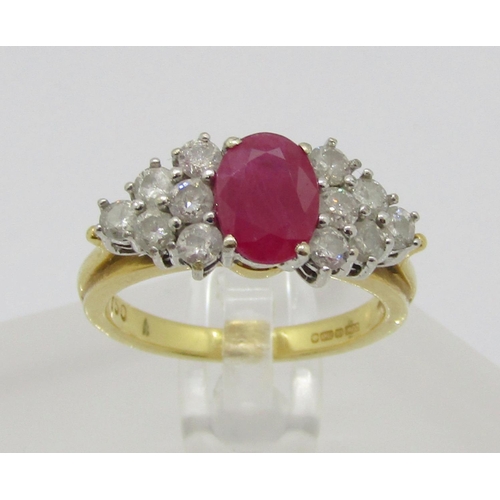 384 - 18ct oval ruby and stepped diamond cluster cocktail ring, maker 'CJW', Sheffield, size N/O, 6.4g